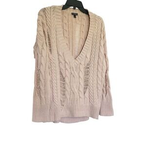 Express Womens Ivory Deep V-Neck Distressed‎ Cable Knit Sweater Medium Grunge